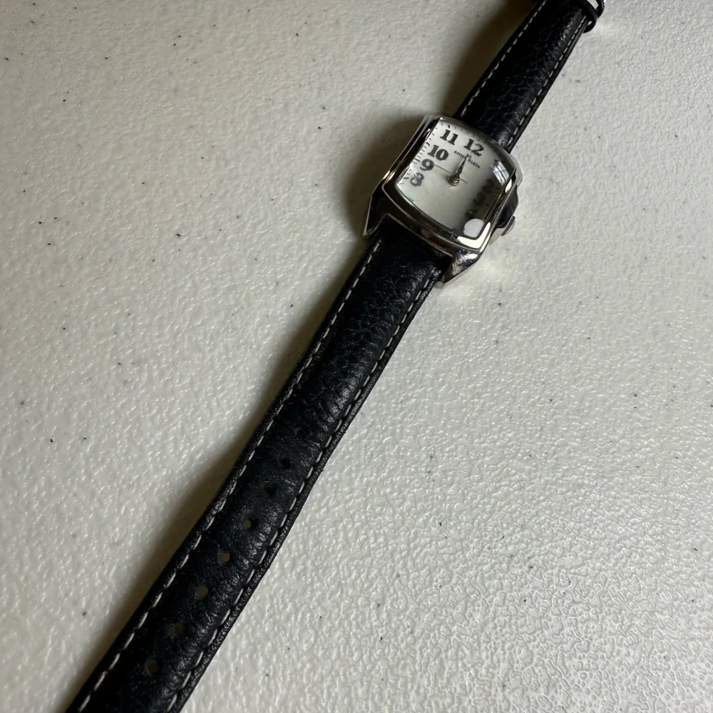 VTG Dome Crystal Women's Anne Klein Watch Silver Tone Black Leather Artsy Vibe